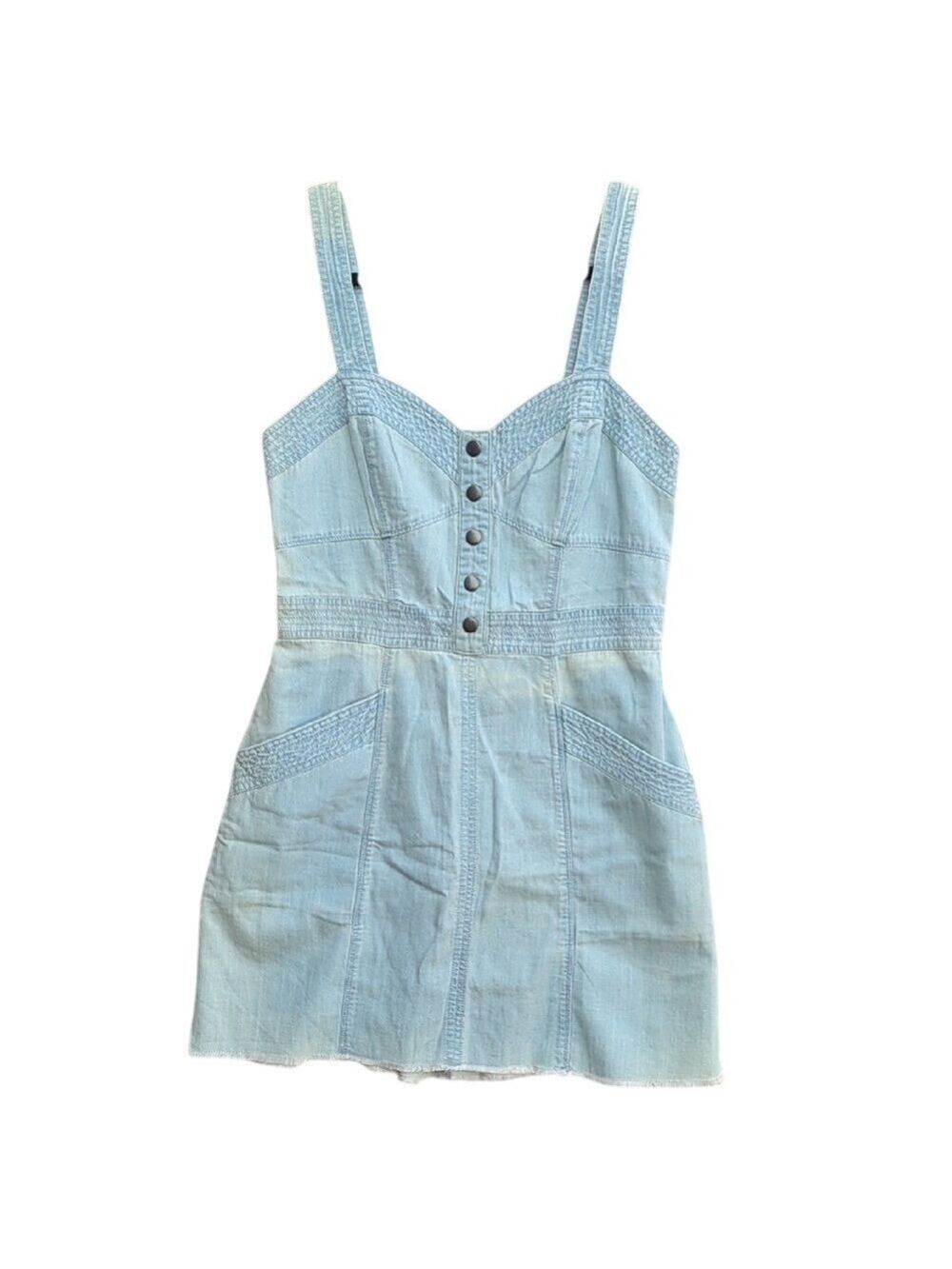 Denim Dress Mini Light Wash Sleeveless Button Front Smocked Back Casual